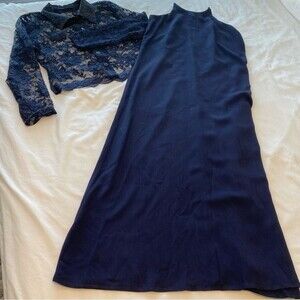 Navy Blue 2 Piece Lace Jacket Maxi Halter Dress Sexy Unique Boho Vintage SZ 8